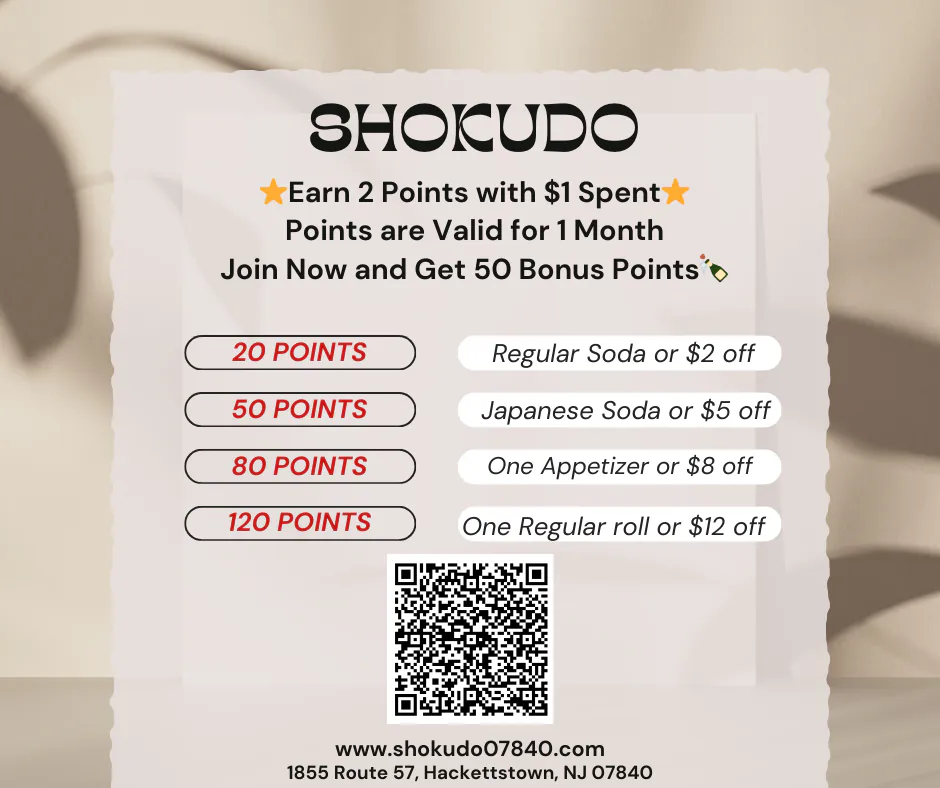 Shokudo membership rewards chart showing points needed for free items and discounts.